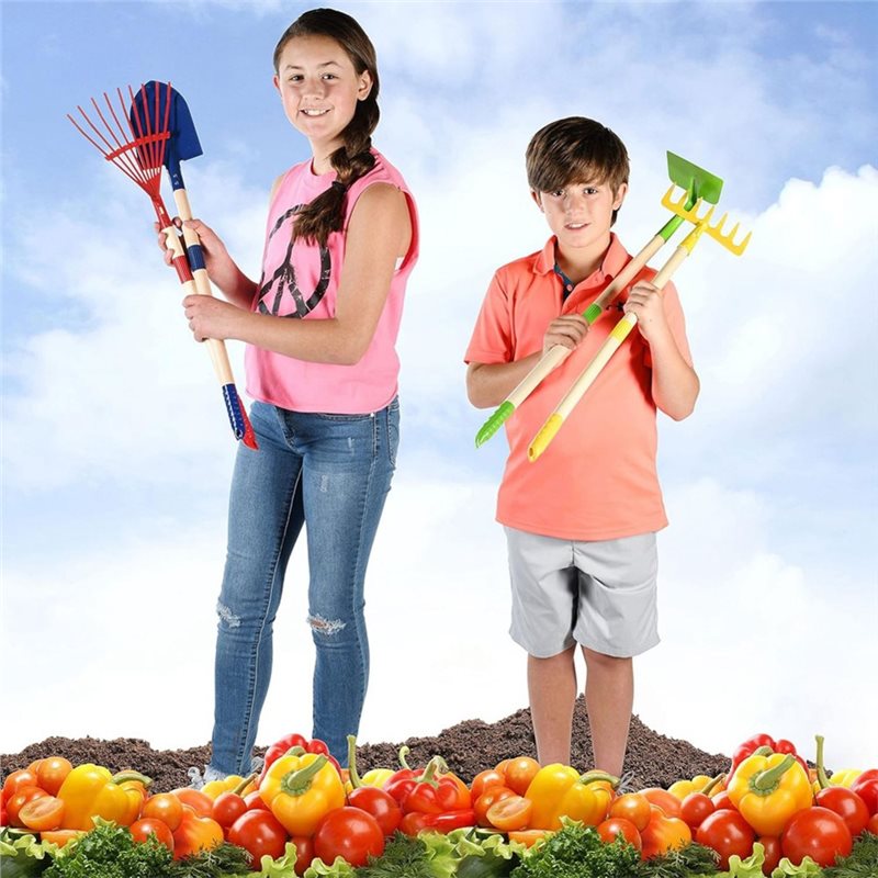 Gardening Tools Kids Set - B05C-Gartenwerkzeug-Set für Kinder 4-teilig-Holz-Blätterrechen, Hacke, Rechen,